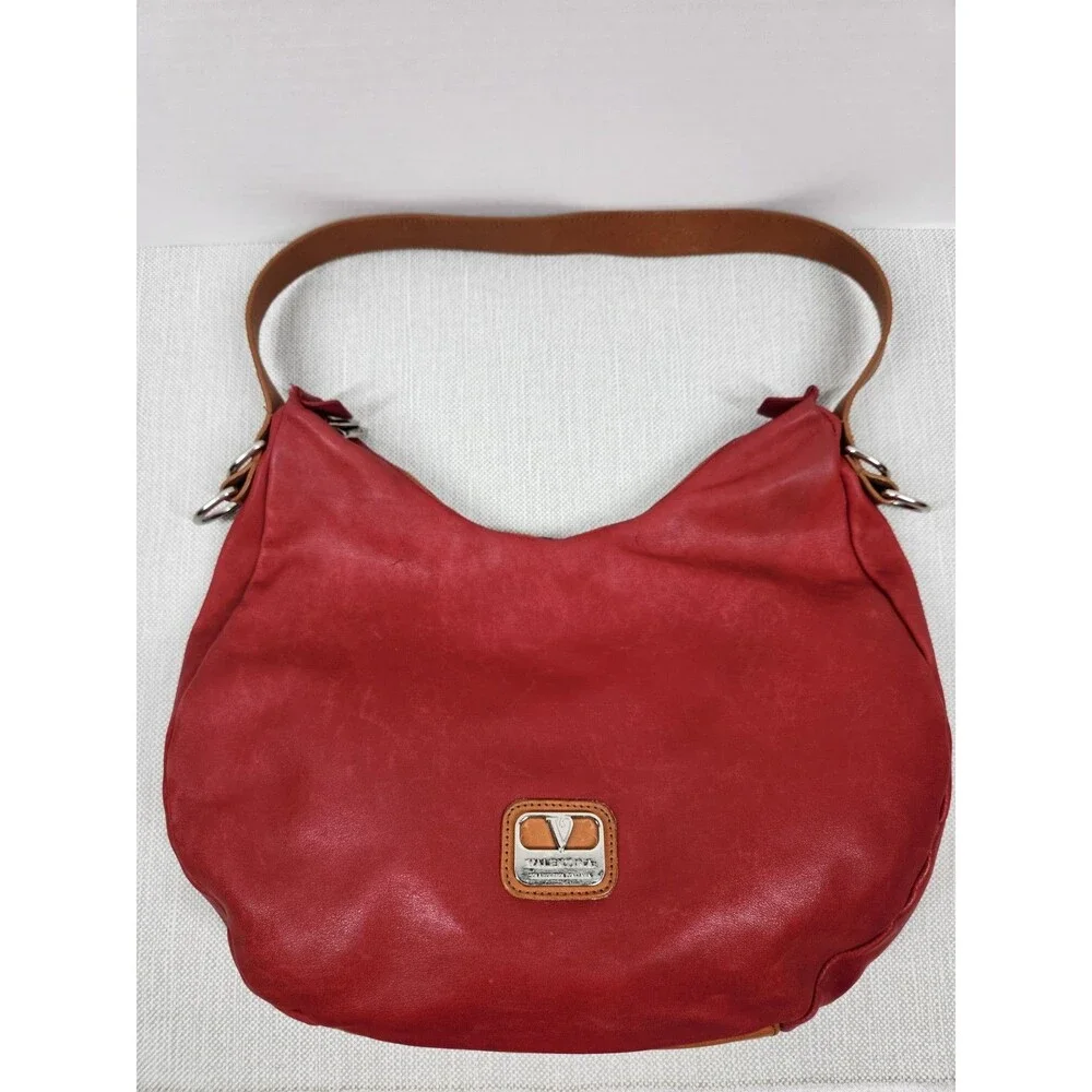 Valentina Red Brown Leather Hobo Shoulder Bag